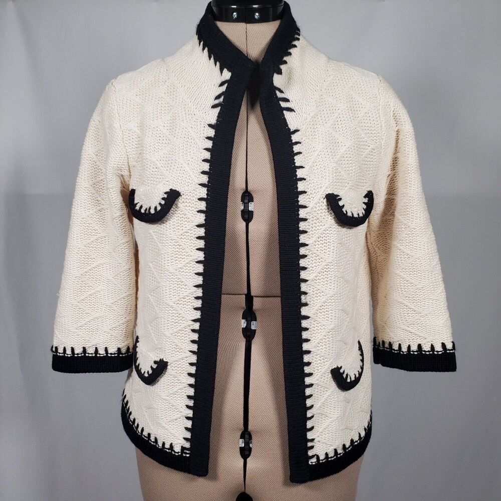 CAbi Women's Cardigan Medium Black and Beige Cotton Open Front Sweater Classic